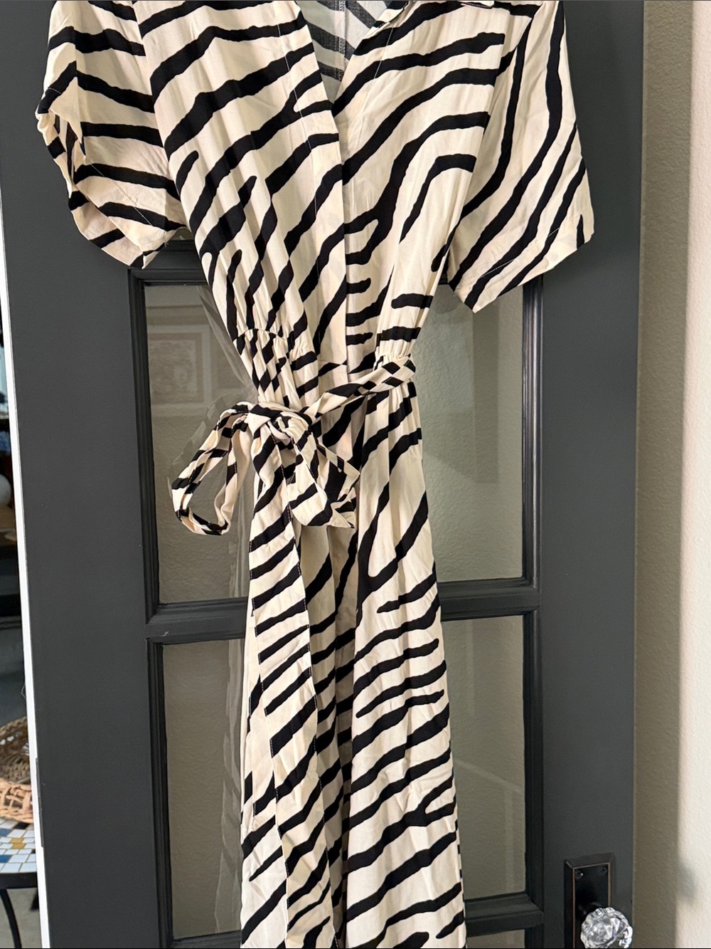 H&M Cream and Black Striped Midi Wrap Dress
